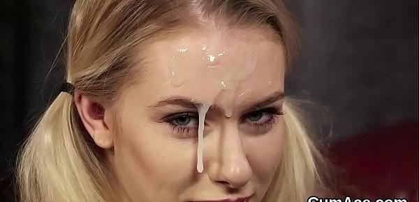  Slutty hottie gets sperm shot on her face swallowing all the semen